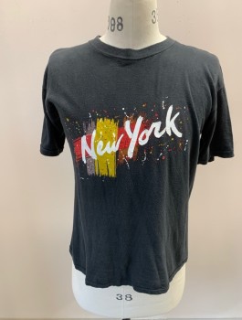 Mens, T-shirt, N/L, Faded Black, Red, White, Yellow, Cotton, Graphic, M, CN, S/S, "New York" Written On Front