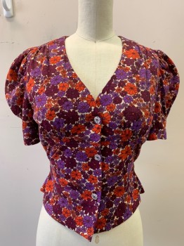 MARK III, Purple, Red-Orange, Cotton, Floral, Puff Sleeve, V-N, Button Front, Self Tie Back,