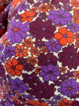MARK III, Purple, Red-Orange, Cotton, Floral, Puff Sleeve, V-N, Button Front, Self Tie Back,