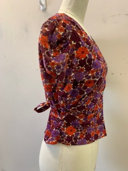 Womens, Top, MARK III, Purple, Red-Orange, Cotton, Floral, B: 32, Puff Sleeve, V-N, Button Front, Self Tie Back,