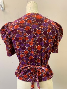 Womens, Top, MARK III, Purple, Red-Orange, Cotton, Floral, B: 32, Puff Sleeve, V-N, Button Front, Self Tie Back,