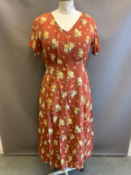 ECOTE, Burnt Orange, Mustard Yellow, Black, Rayon, Floral, Maxi Dress, V-N, S/S, Button Front