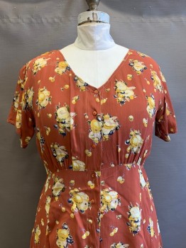 ECOTE, Burnt Orange, Mustard Yellow, Black, Rayon, Floral, Maxi Dress, V-N, S/S, Button Front