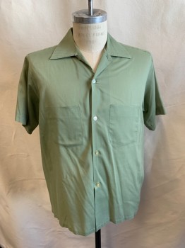 Mens, Casual Shirt, VAN CORT, Sage Green, Poly/Cotton, Solid, M, S/S, Button Front, Chest Pockets, Tan Blind Stitching
