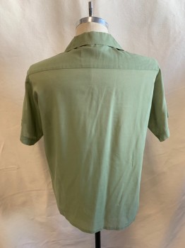 Mens, Casual Shirt, VAN CORT, Sage Green, Poly/Cotton, Solid, M, S/S, Button Front, Chest Pockets, Tan Blind Stitching