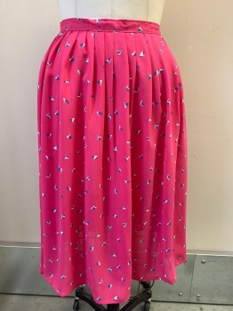 Womens, Skirt, NO LABEL, Hot Pink, Blue, Beige, Purple, Polyester, Leaves/Vines , W28, Pleated, Back Zipper,