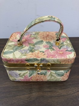 NL, Beige with Multi Color Pastel Floral, Basket Woven Pleather, Box Handbag, Gold Hardware, 1 Handle Strap, Removable Mirror Inside, (2 PC)