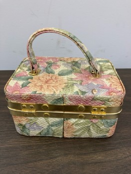 NL, Beige with Multi Color Pastel Floral, Basket Woven Pleather, Box Handbag, Gold Hardware, 1 Handle Strap, Removable Mirror Inside, (2 PC)