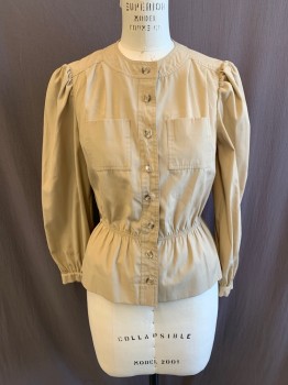 LESLIE FAY, Khaki Brown, Cotton, Solid, Jewel Neckline, Button Front, Gathered at Waist L/S, 2 Chest Pockets