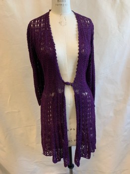 Womens, Sweater, MTO, Aubergine Purple, Acrylic, Solid, M, CARDIGAN, Long, V-N, Knot Closure, *Aged/Distressed*