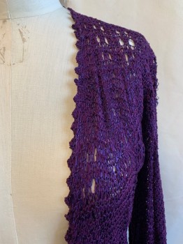 Womens, Sweater, MTO, Aubergine Purple, Acrylic, Solid, M, CARDIGAN, Long, V-N, Knot Closure, *Aged/Distressed*