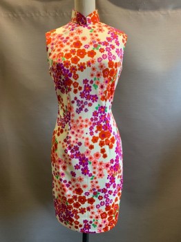 NO LABEL, Ivory White, Red, Pink, Purple, Green, Polyester, Floral, Sleeveless, Stand Collar, Side Zipper, Side Snap Buttons
