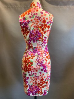 NO LABEL, Ivory White, Red, Pink, Purple, Green, Polyester, Floral, Sleeveless, Stand Collar, Side Zipper, Side Snap Buttons