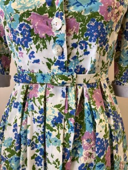 Womens, Dress, N/L, Off White, Blue, Turquoise Blue, Green, Mauve Purple, Cotton, Polyester, W: 36, B: 38, C.A., 3 Pearl B.F., Pleated At Waist, 3/4 Sleeves, Folded Cuffs, With Matching Self Belts, Made To Order