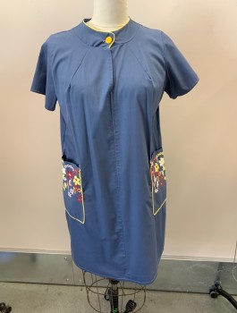 Womens, House Dress, N/L, Dk Blue, Cotton, Solid, B 40, 1 Button At CF Neck, 2 Flower Embroidered Pockets, Yellow Piping,