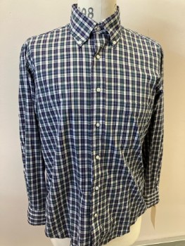 JOEY'S MENS STORE, Navy White Dk Green & Red Plaid, Cotton, L/S, B.F., Btn Down Collar, 1 Pckt,