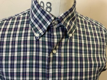 JOEY'S MENS STORE, Navy White Dk Green & Red Plaid, Cotton, L/S, B.F., Btn Down Collar, 1 Pckt,