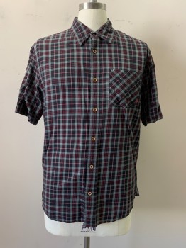 HURLEY, Red, Black, Gray, White, Cotton, Plaid, Collar Attached, Button Front, Long Sleeves, 1 Pocket