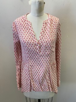 Womens, Blouse, MAEVE, Off White, Raspberry Pink, Pink, Rayon, Geometric, Floral, S, Long Sleeves, Button Cuffs, V Neck Placket, Side Peplum, Chest Pocket, Locker Loop