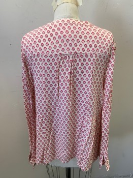 Womens, Blouse, MAEVE, Off White, Raspberry Pink, Pink, Rayon, Geometric, Floral, S, Long Sleeves, Button Cuffs, V Neck Placket, Side Peplum, Chest Pocket, Locker Loop
