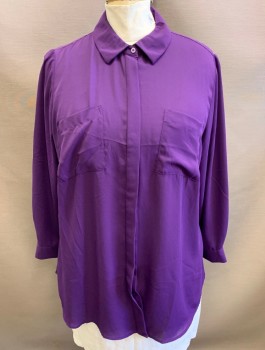 Womens, Blouse, LANE BRYANT, Aubergine Purple, Polyester, Solid, 18/20, Chiffon, Long Sleeves, Button Front, Collar Attached, 2 Patch Pockets