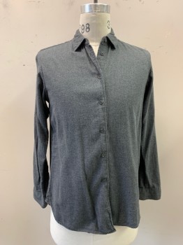 UNIQLO, Charcoal Gray, Cotton, Solid, Long Sleeves, Button Front, Collar Attached,