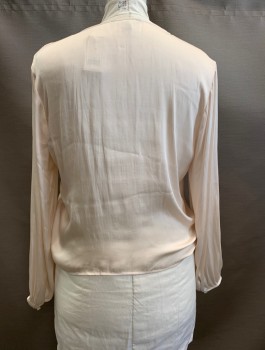 Womens, Blouse, BANANA REPUBLIC, Ivory White, Polyester, Solid, XL, V-N, Hook & Eye CF, L/S, Button Cuffs, Wrap Style, Pleated Front