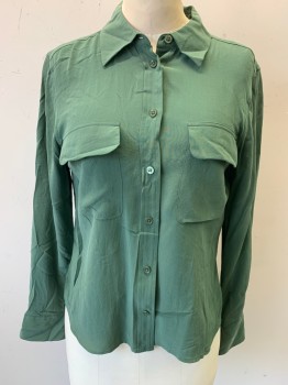 Womens, Blouse, EQUIPMENT, Forest Green, Silk, Solid, XS, L/S, C.A., 7 Buttons, 2 Pockets with Flaps, Classic Shirt Placket with Barrel Cuffs, Box Pleat at Back