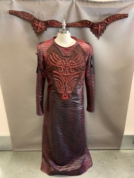 Mens, Robe, N/L , Dk Red, Black, Polyester, Beaded, Ombre, C40, Snake Skin & Pleated Texture, Beaded & Rhinestone Breastplate, Velcro On Upper Arm, CB Zipper, Large Snaps For Belt, Made To Order