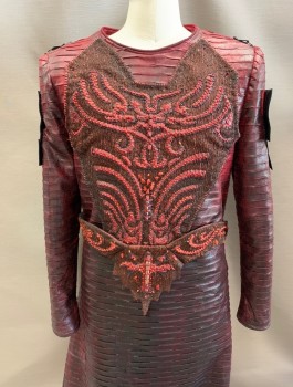 N/L , Dk Red, Black, Polyester, Beaded, Ombre, Snake Skin & Pleated Texture, Beaded & Rhinestone Breastplate, Velcro On Upper Arm, CB Zipper, Large Snaps For Belt, Made To Order