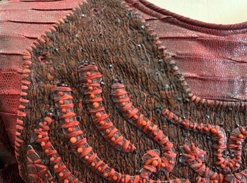 N/L , Dk Red, Black, Polyester, Beaded, Ombre, Snake Skin & Pleated Texture, Beaded & Rhinestone Breastplate, Velcro On Upper Arm, CB Zipper, Large Snaps For Belt, Made To Order