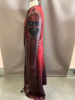 Mens, Robe, N/L , Dk Red, Black, Polyester, Beaded, Ombre, C40, Snake Skin & Pleated Texture, Beaded & Rhinestone Breastplate, Velcro On Upper Arm, CB Zipper, Large Snaps For Belt, Made To Order