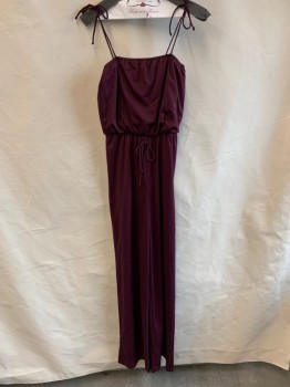 Womens, 1970s Vintage, Piece 2, N/L, Aubergine Purple, Polyester, Solid, S, JUMPSUIT, Spaghetti Strap Ties at Shoulders, Tie at Waist, Elastic Waistband, Zip Back,