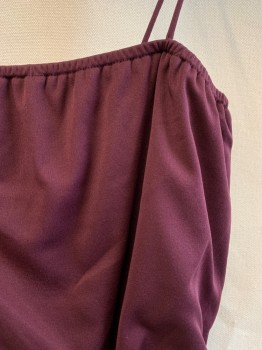 Womens, 1970s Vintage, Piece 2, N/L, Aubergine Purple, Polyester, Solid, S, JUMPSUIT, Spaghetti Strap Ties at Shoulders, Tie at Waist, Elastic Waistband, Zip Back,