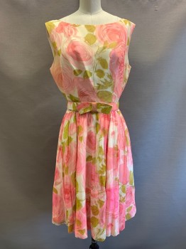 Womens, 1950s Vintage, Piece 1, NO LABEL, Pink, Rose Pink, Moss Green, Cream, Polyester, Floral, W26, B36, Sleeveless Dress, Scoop Neck, Back Drape, Back Zipper, Pleated