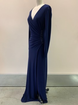 Womens, Evening Gown, LAUNDRY, Navy Blue, Polyester, Solid, 2, L/S, V Neck, Crossover, Pleated Side With Beaded Detail, Cross Front Slit, Back Zipper