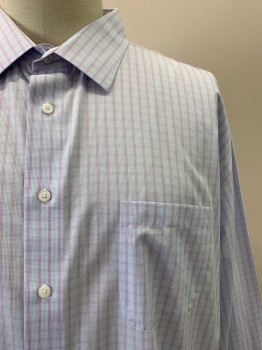 Mens, Casual Shirt, JOSEPH ABBOUD, Blue, Lilac Purple, White, Cotton, Plaid - Tattersall, 37, 19, L/S, Button Front, Collar Attached, Chest Pocket