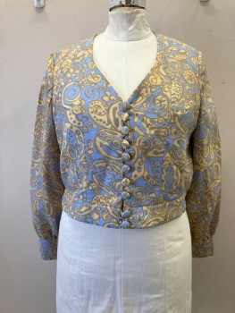 Womens, 1960s Vintage, Piece 1, MTO, B:44, Jacket - Light Blue/Tan/Beige Abstract Poly, V-N, Button Loop CF Closure, Cropped with Waistband, L/S with Button Loop Cuffs,
