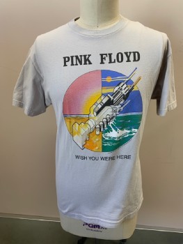 Mens, T-shirt, IMPACT, Lt Gray, Multi-color, Cotton, Graphic, Novelty Pattern, L, CN, S/S, "PINK FLOYD", Circle with Ocean, One Side Of Circle Has Sunset, The Other Has Day Time