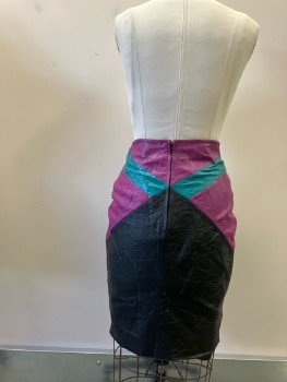 Womens, Skirt, JULIAN K., H:41, W:30, Purple/Teal/Black Leather Geometric Patchwork with Blue Suede Diamond CF, Straight, Back Zip, Just Below Knee, Lined, Crinkled And Scuffed
