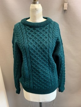 LL BEAN , Green, Wool, Cable Knit, L/S,  CN, Pullover,
