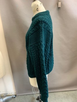 LL BEAN , Green, Wool, Cable Knit, L/S,  CN, Pullover,