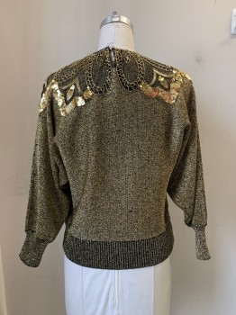 NO LABEL, Gold, Black, Acrylic, Speckled, L/S, Crew Neck, Beaded & Sequins Detail On Chest, Bacl Button
