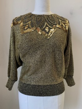 Womens, Sweater, NO LABEL, Gold, Black, Acrylic, Speckled, B40, L/S, Crew Neck, Beaded & Sequins Detail On Chest, Bacl Button