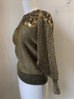 Womens, Sweater, NO LABEL, Gold, Black, Acrylic, Speckled, B40, L/S, Crew Neck, Beaded & Sequins Detail On Chest, Bacl Button