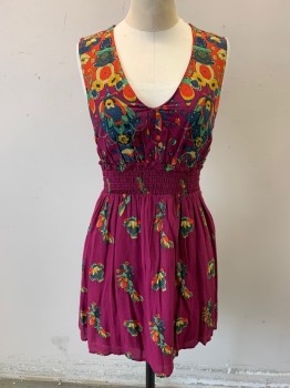 Womens, Dress, Sleeveless, BLEUH CIEL, Magenta Purple, Multi-color, Rayon, Floral, Novelty Pattern, S, V-neck, Above the Knee, Ruched Waistband, Cross Strap Sides, Keyhole Back, 2 Gold Buttons