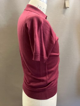 Mens, Pullover Sweater, JOHN SMEDLEY, Red Burgundy, Wool, Solid, S, Polo Neck, 2 Btns, S/S, Rib Knit Trim