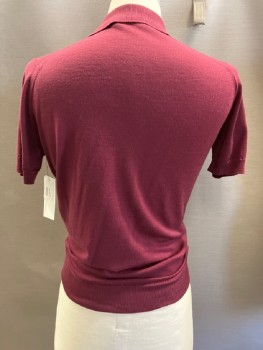 Mens, Pullover Sweater, JOHN SMEDLEY, Red Burgundy, Wool, Solid, S, Polo Neck, 2 Btns, S/S, Rib Knit Trim