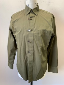 Mens, Casual Shirt, CABELA'S, Olive Green, Cotton, Solid, M, L/S, Button Down Collar, Brass Clasps Instead Of Buttons, 1 Pocket,