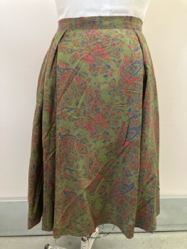 Womens, Skirt, N/L, W: 34, Dk Green/ Multi-color, Floral, Pleated, B.F.